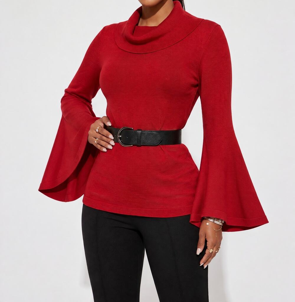 Alfani Red Cowl Neck Knit Sweater Pullover Cozy Tunic Knit Top Bell sleeves Med